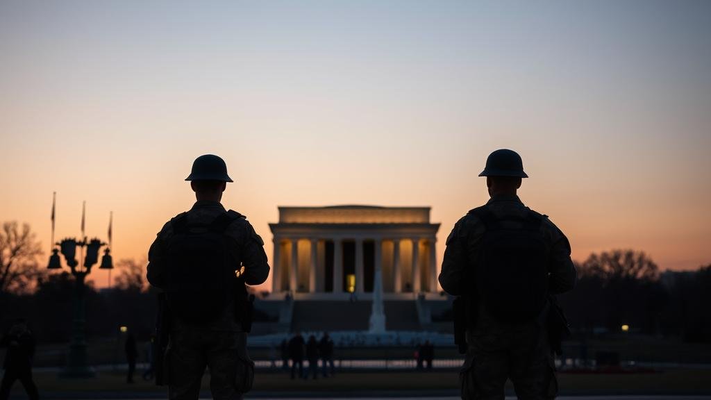 Silhouettes of two National Guard soldiers on patrol at dawn with a Washington D.C. landmark in the background.