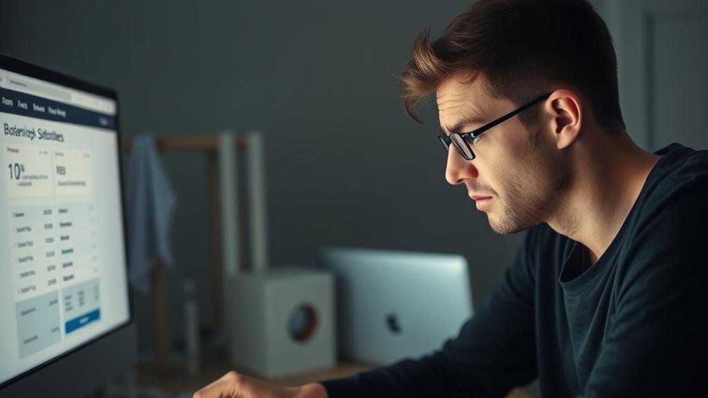 A person looking stressed and defeated while looking at their bank statements on a computer screen.