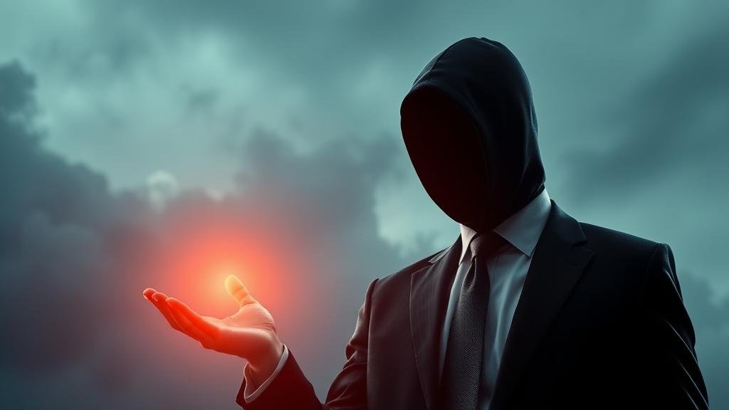 A shadowy figure in a suit offering a glowing, but fake, investment opportunity to an unsuspecting person.