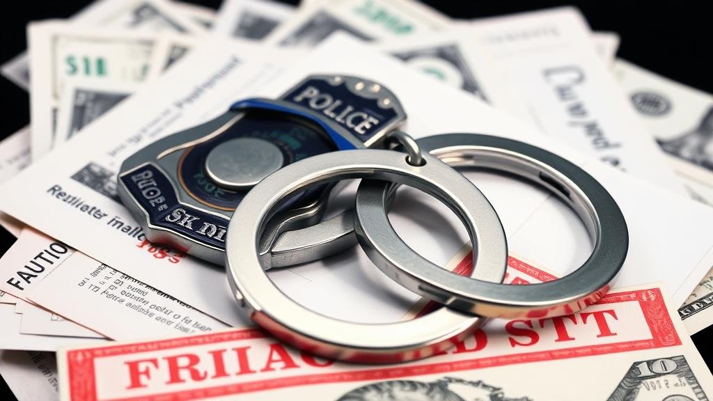 A stylized image of a police badge or handcuffs resting on a pile of fraudulent documents and cash.