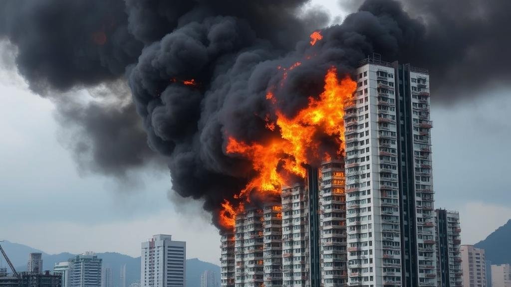 A high-rise residential complex in Hong Kong engulfed in flames, with thick black smoke billowing into the sky.