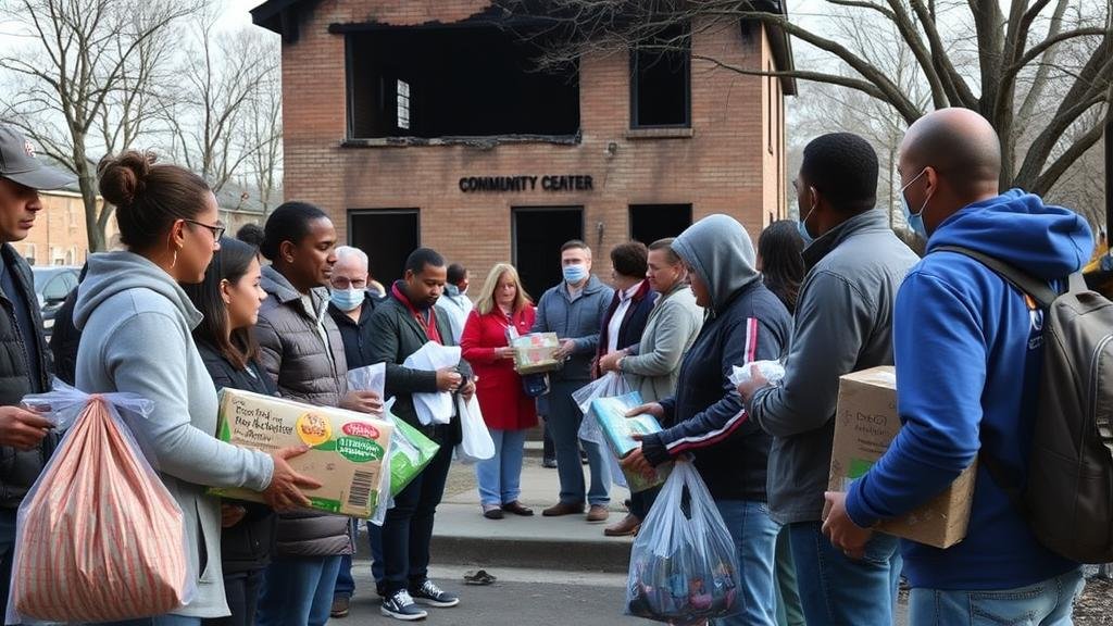 A scene of community support, with volunteers handing out supplies to displaced residents in front of a community center, with the burnt-out building in the distant background.