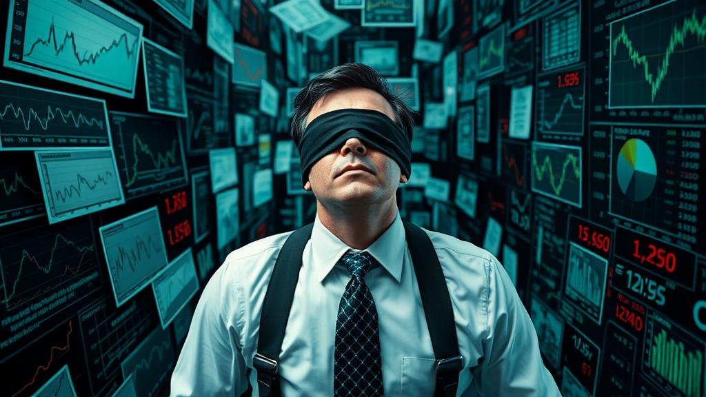 A blindfolded economist struggles to navigate a maze of financial charts and data, symbolizing the Federal Reserve's challenge in a 'data blackout'.