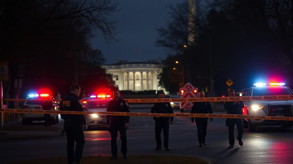 A tense, after-dark crime scene in Washington D.C., with the White House visible in the background. Police tape cordons off the area, and flashing lights from emergency vehicles illuminate the street. Law enforcement officers, including MPD and FBI agents, are actively investigating, conveying a sense of urgency and gravity.