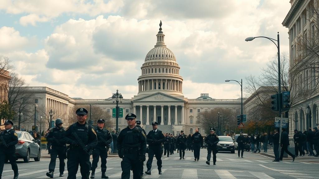 A wide-angle shot of a street in Washington D.C., with a notable increase in law enforcement presence. National Guard members and police officers are visible, patrolling the area. In the background, a prominent government building, like the Capitol or a federal office, stands under a watchful sky, representing a city on high alert.