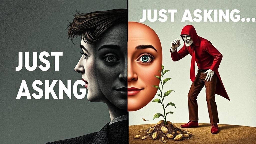 A visual metaphor of the two-faced nature of 'just asking', with one side showing a person genuinely seeking knowledge and the other side depicting a manipulative figure planting seeds of doubt.