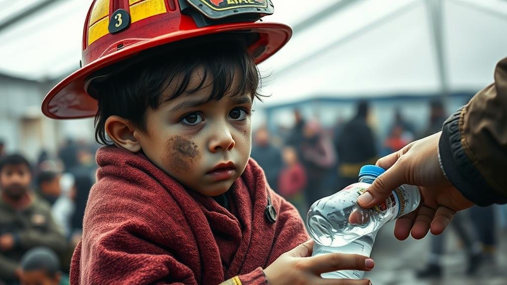 A heart-wrenching, photo-realistic image focusing on the human tragedy. A young child, soot-smudged, looks on with a distraught expression while a firefighter offers them water.