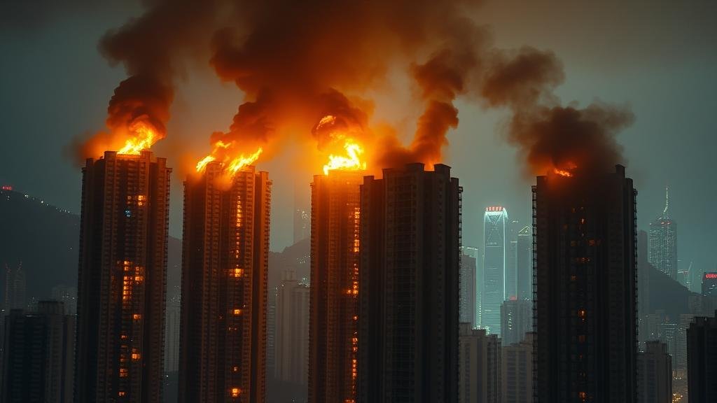 An action shot capturing the bravery of the Hong Kong emergency response teams silhouetted against a wall of fire inside a damaged building.