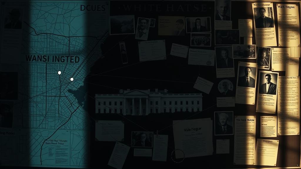 A high-tension, news-style image of a city street with police tape visible near the White House.