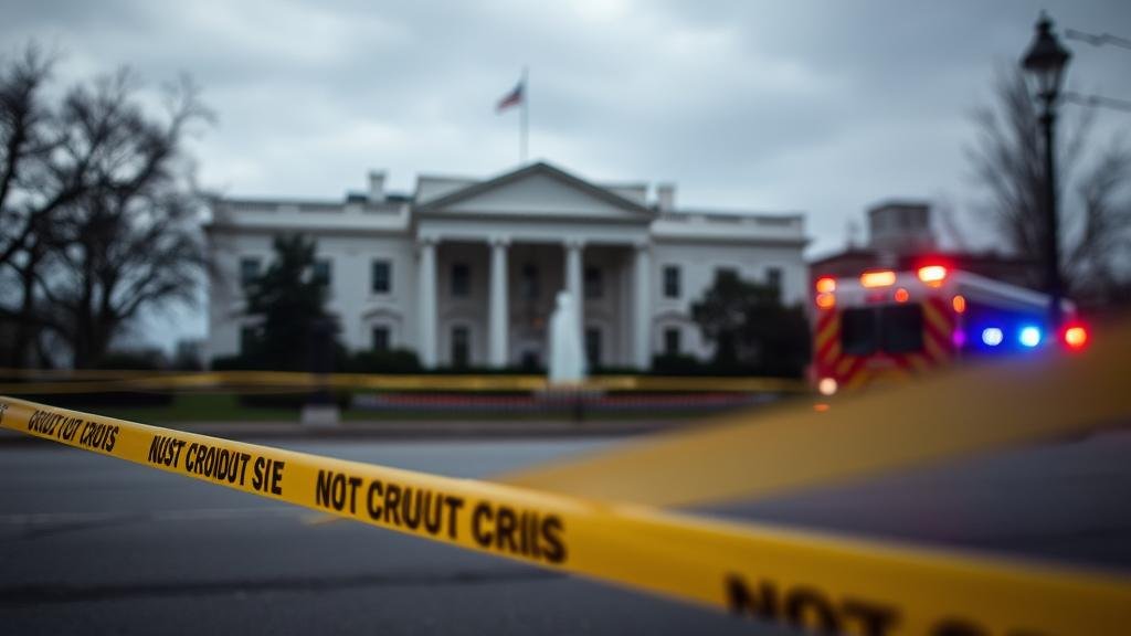 A dramatic, somber scene near the White House, with yellow caution tape and the blurred lights of emergency vehicles, signifying a recent crisis.