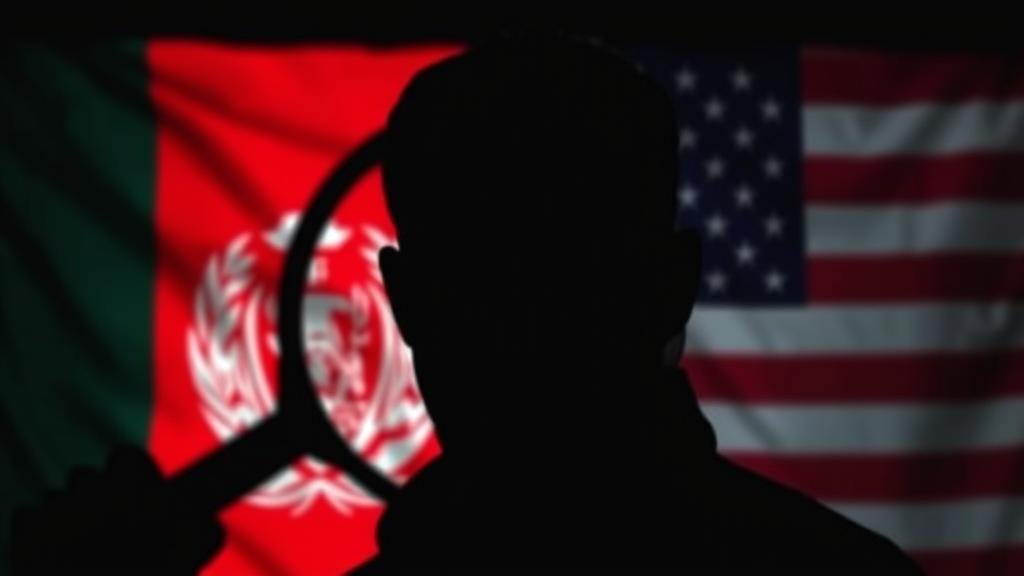 A shadowy, mysterious silhouette of a man being observed through a magnifying glass, with subtle hints of the Afghan and American flags in the background, representing the investigation into the suspect.