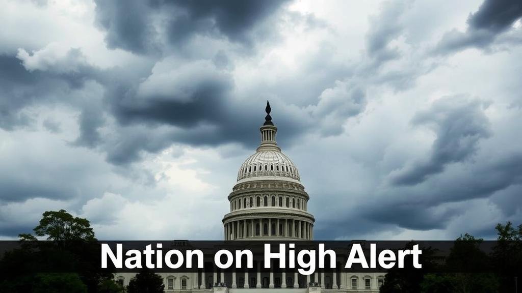 A powerful and symbolic image of the U.S. Capitol building under a dark, stormy sky, with a headline in the foreground that reads 'Nation on High Alert,' capturing the national mood.