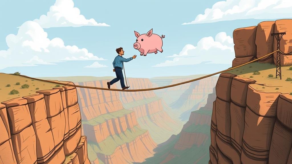 An illustration of a tightrope walker carefully carrying a piggy bank across a canyon, symbolizing the Fed's delicate balancing act to avoid a recession.
