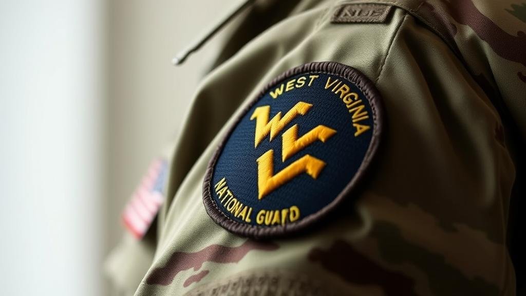 A close-up, respectful shot of a West Virginia National Guard patch on a soldier's uniform, symbolizing the service and sacrifice of the two members who were targeted in the attack. The background is softly blurred, focusing on the honor and bravery of the 'citizen-soldiers'.