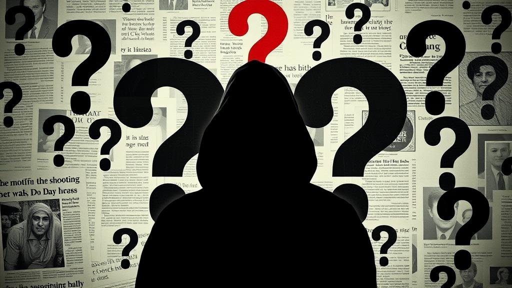 A mysterious and thought-provoking image of a shadowy figure in the foreground, with a background collage of question marks, and newspaper clippings about the shooting, representing the unknown motive of the suspect, Rahmanullah Lakanwal, in the D.C. shooting.