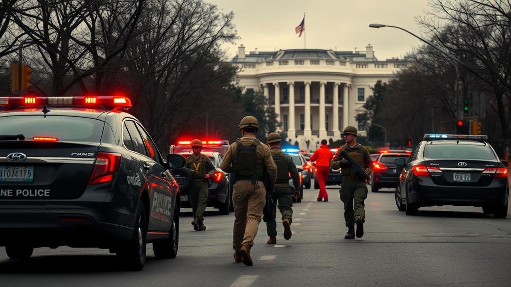 A dramatic wide shot of a Washington D.C. street near the White House, with police-car-lights flashing, and a sense of chaos as emergency crews aid two National Guard soldiers, illustrating a targeted daylight ambush attack in the nation's capital.