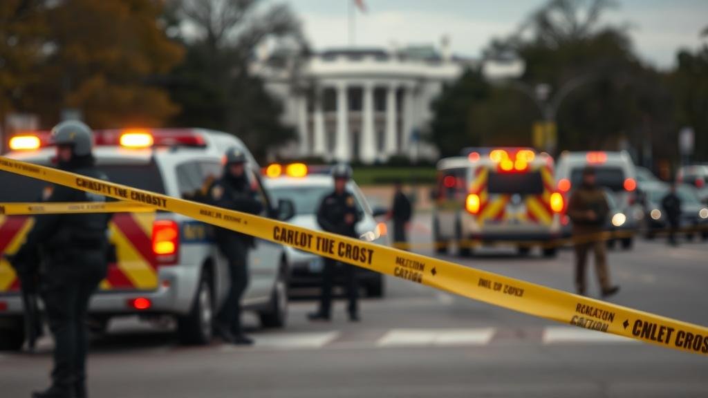 A tense and dramatic news-style photo capturing the immediate aftermath of a shocking daylight attack in Washington D.C. The scene is near the White House, with emergency vehicles and blurred figures of law enforcement and National Guard members in the background. The focus is on a sense of urgency and crisis, with yellow caution tape in the foreground. Filename: dc-attack-aftermath.jpg