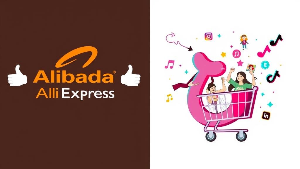 A split-panel image. On one side, it shows the Alibaba logo with two arms extending, one labeled 'Lazada' and the other 'AliExpress,' planting roots in Southeast Asia. On the other side, the ByteDance/TikTok logo is shown with an integrated shopping cart, with social media icons and happy influencers flowing out, representing 'social commerce'.