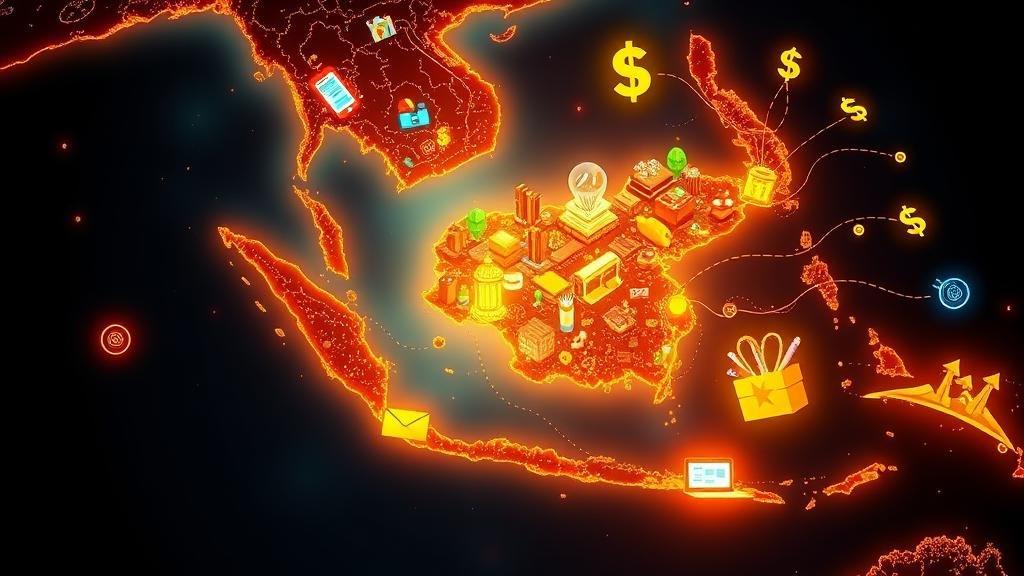 A metaphorical image of a large wall with a US flag pattern, blocking Chinese tech company logos like Alibaba and ByteDance. The companies are shown pivoting towards a brightly lit, welcoming path labeled 'Southeast Asia'.