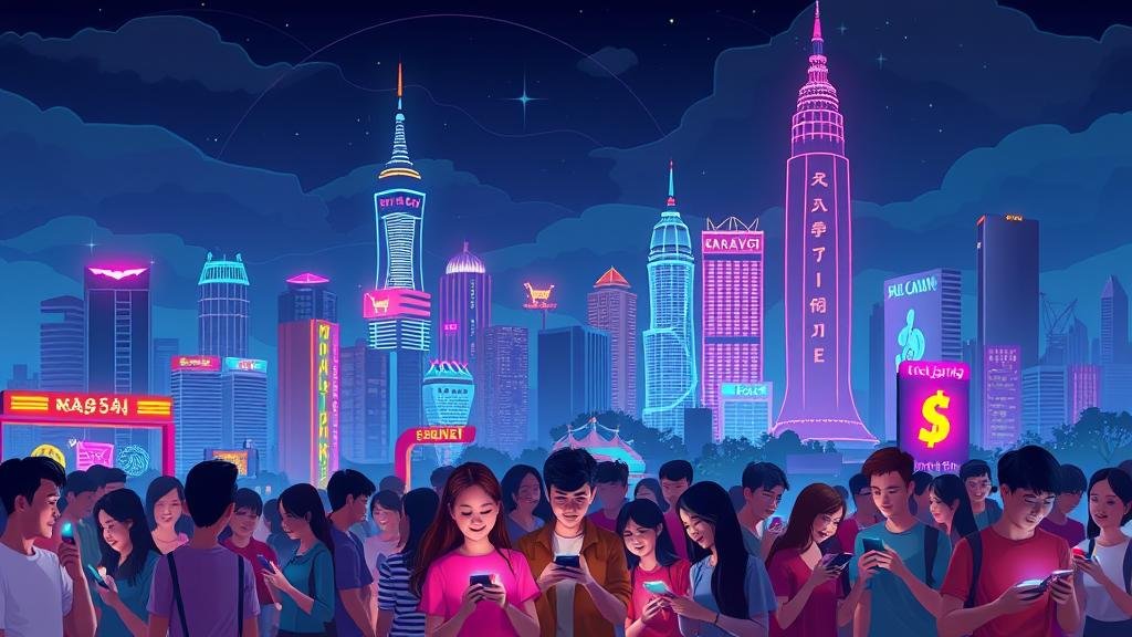 Vibrant Southeast Asian city skyline with neon signs in various languages, showcasing a booming e-commerce market among young people on smartphones.