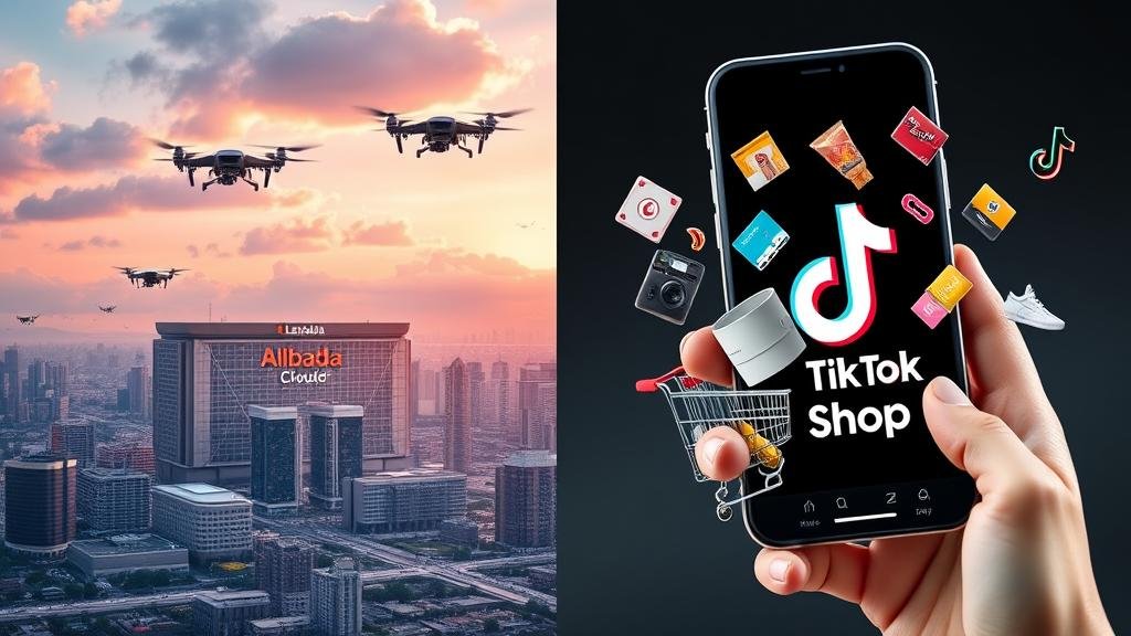 Split-screen showing Lazada drones flying towards an Alibaba Cloud data center and products flying out of a TikTok Shop interface into a cart.