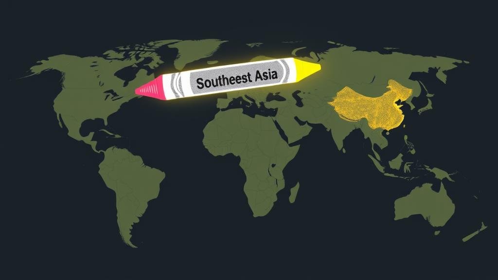 An illustration of a glowing crayon labeled 'Southeast Asia' redrawing the world map to create a new center of gravity for global commerce.