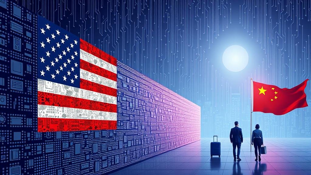 A stylized image of a massive wall of microchips separating the US and China, symbolizing the tech 'iron curtain'.