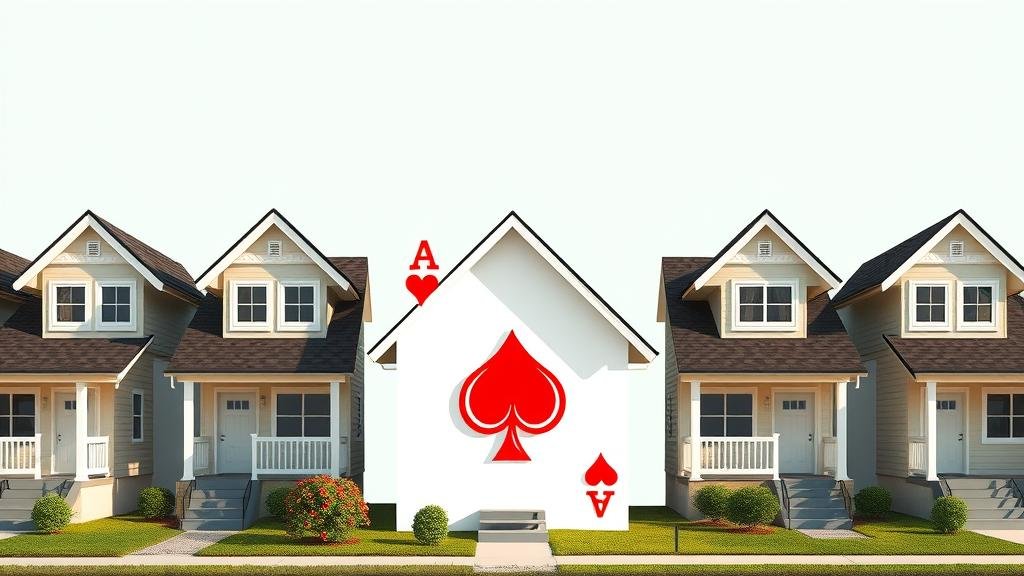 A row of houses where one house is a giant wild card, representing the unpredictable nature of the housing market.