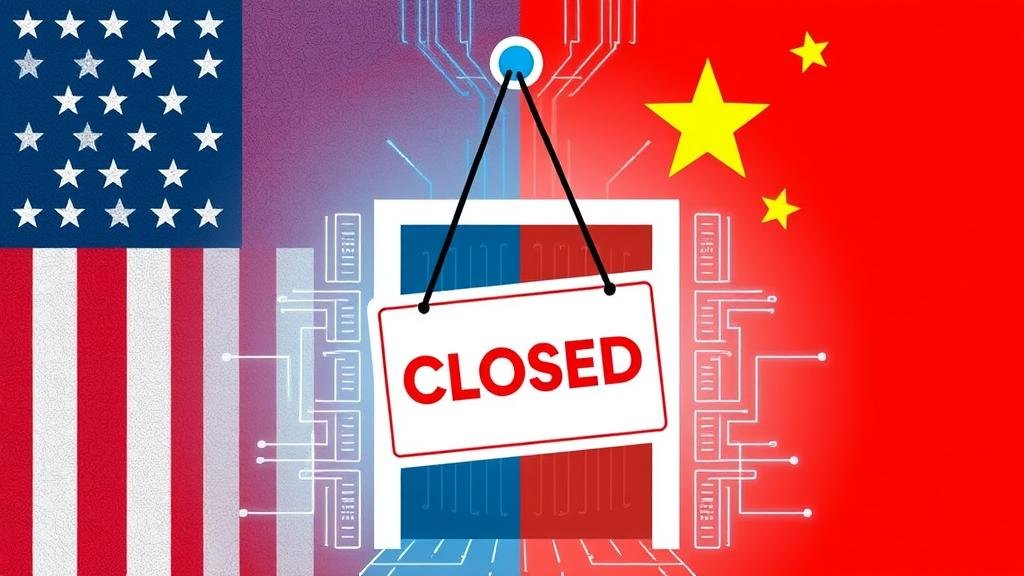 A stylized illustration of the tech rivalry between the U.S. and China, featuring a split background with the American and Chinese flags. In the center, a prominent 'closed' sign hangs on a digital doorway, symbolizing the exclusion of Chinese tech companies from Western markets.