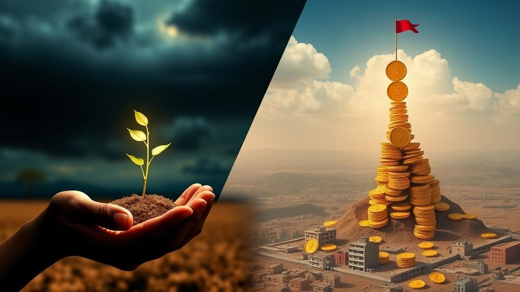 A split-screen showing hands offering a seedling on one side, and a tower of coins casting a shadow over a city on the other.