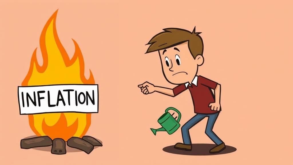A cartoon person trying to put out a fire labeled INFLATION with a small watering can, representing the ongoing struggle against rising prices.