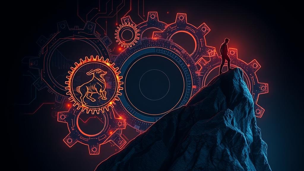 An abstract image personifying the engine of wealth creation, with interlocking gears representing technology, finance, and entrepreneurship.