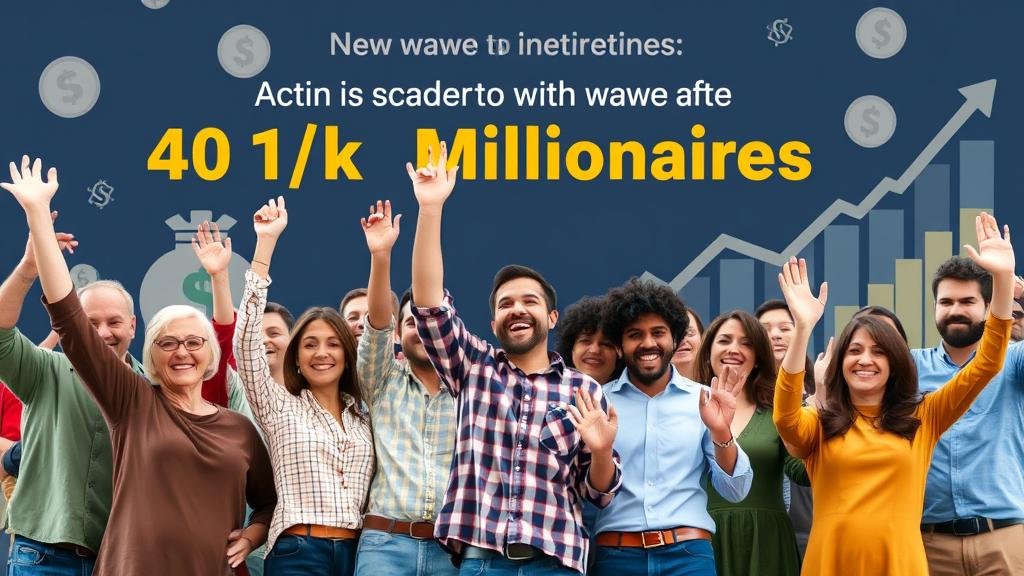 A diverse group of everyday people celebrating their financial success, with symbols of retirement savings and stock market growth in the background. The image should convey a sense of achievement and security, representing the new wave of 401(k) millionaires.