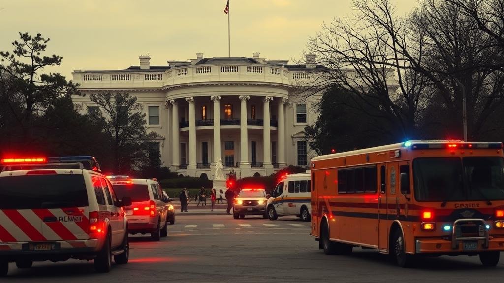 A dramatic scene capturing the immediate aftermath of the attack near the White House, with emergency vehicles and personnel rushing to the scene, symbolizing the breach of national security.