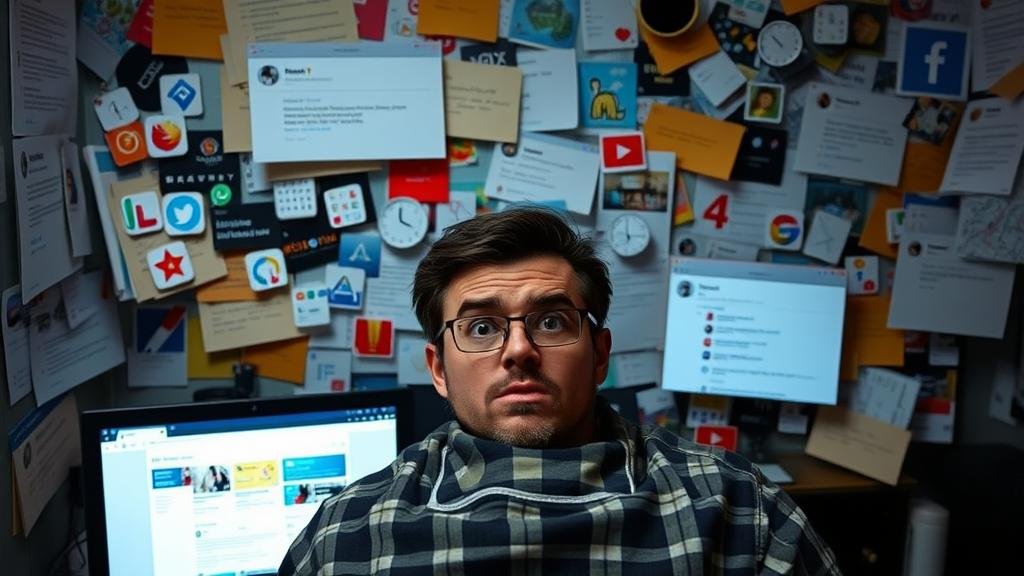 A person looking stressed and overwhelmed by a cluttered and chaotic computer screen with numerous icons, notifications, and open tabs.