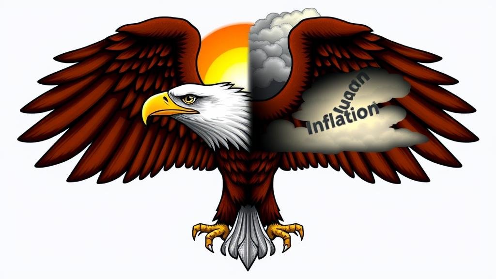 A two-headed eagle, with one head looking at a rising sun (economic growth) and the other at a storm cloud (inflation), symbolizing the divided Federal Reserve.