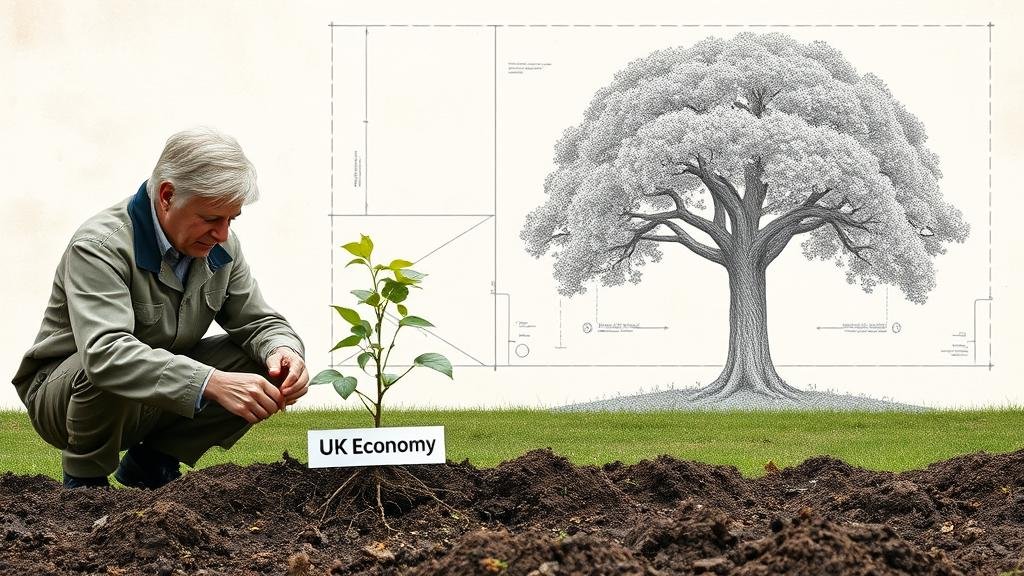 A gardener representing the government carefully nurtures the roots of a small sapling labeled 'UK Economy', with a blueprint for a large tree in the background.