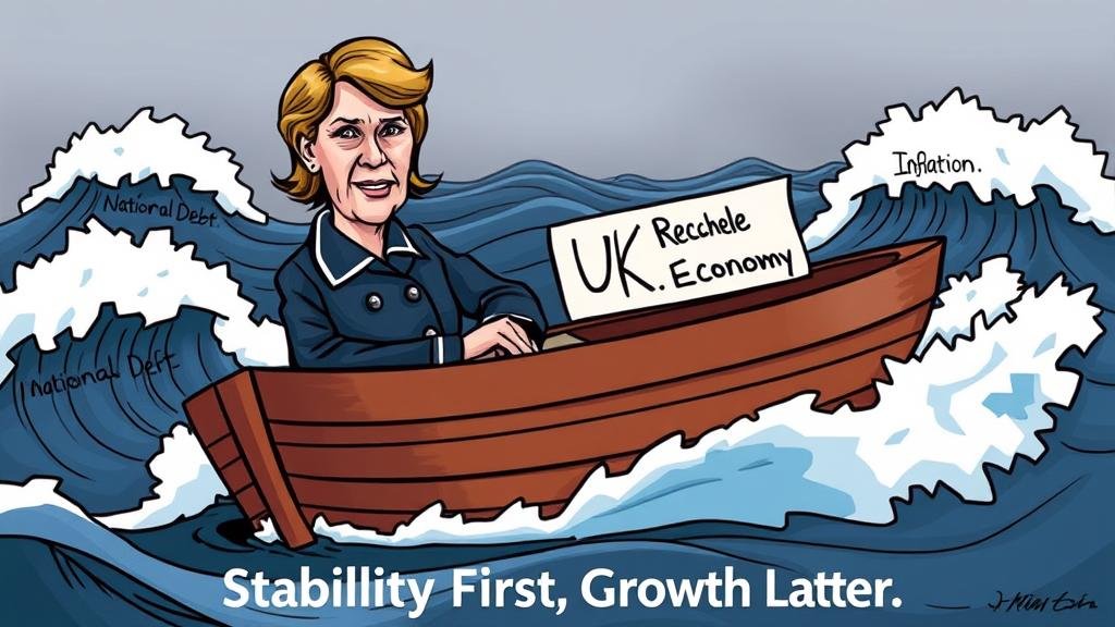 UK Chancellor Rachel Reeves depicted as a stern-faced ship captain, navigating a small boat named 'UK Economy' through a stormy sea, with waves labeled 'National Debt' and 'Inflation.' The caption reads: 'Stability First, Growth Later.'