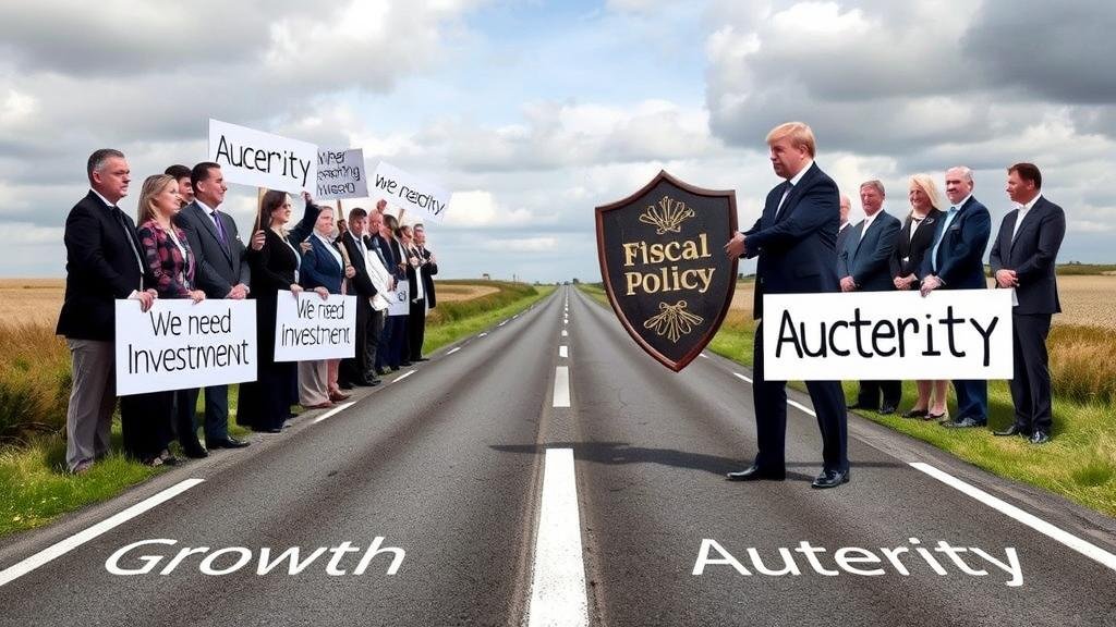 A visual standoff. On one side, a group of business leaders holding signs that say 'We Need Investment.' On the other side, the Chancellor holds a large shield labeled 'Fiscal Policy.' Between them is a road splitting into two paths: one labeled 'Growth' and the other 'Austerity.'
