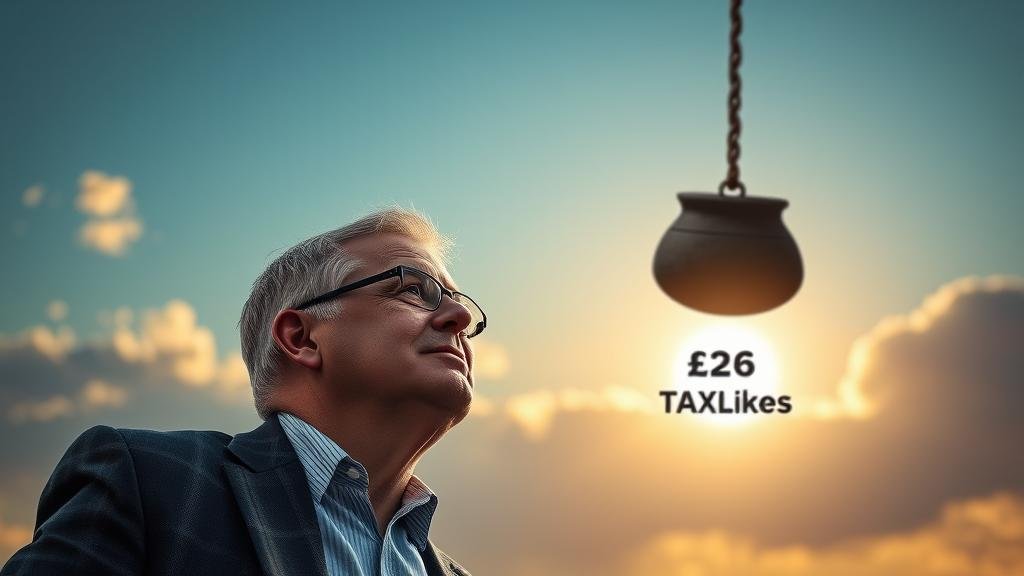 A UK business leader looking hopefully towards a rising sun labeled 'Economic Growth,' but a large, heavy anvil labeled '£26 Billion Tax Hikes' is falling, casting a dark shadow.