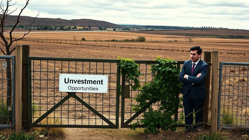 A barren landscape representing the UK economy. In the foreground, a closed, locked gate labeled 'Investment Opportunities,' with vines growing over it. In the background, a frustrated business person looks on.