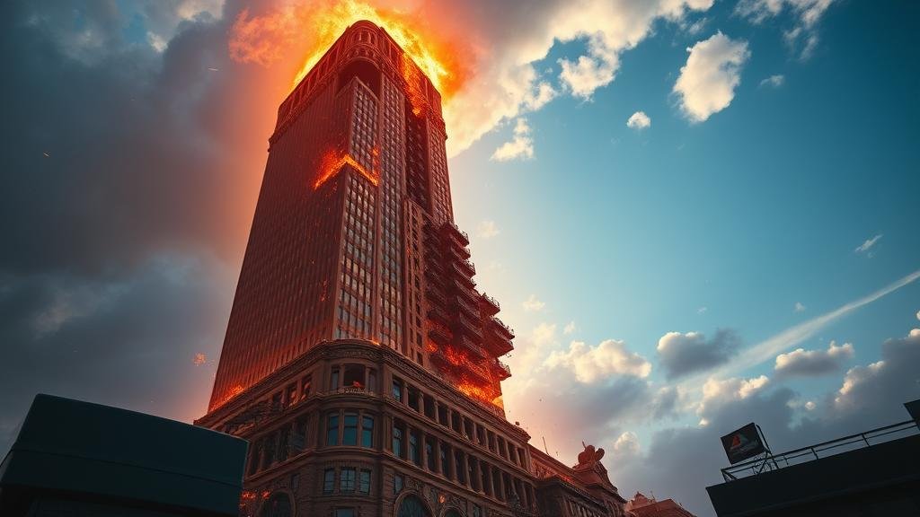 A dramatic image of a towering financial building beginning to crumble, symbolizing the fall of First Brands Group.