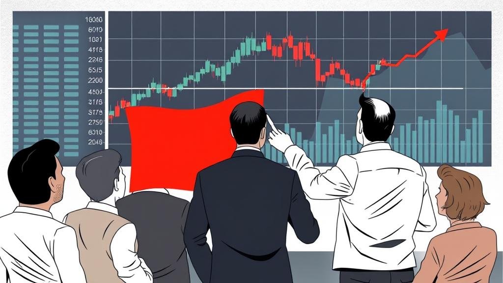 An investor points to a glaring red flag on a stock market chart that others are ignoring, symbolizing the smart money that saw the warning signs.