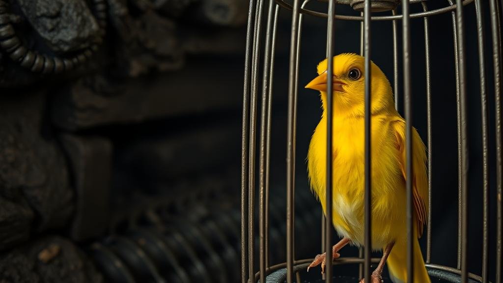 A bright yellow canary in a cage within a dark coal mine, a metaphor for the First Brands collapse being a warning for the private credit market.