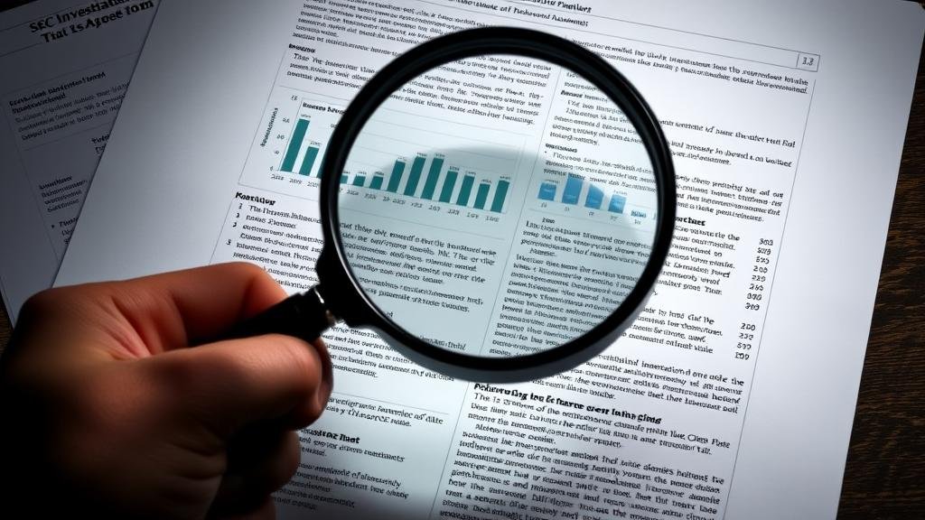 An intense image of a magnifying glass held over a complex financial document, representing the SEC investigation scrutinizing disclosures.