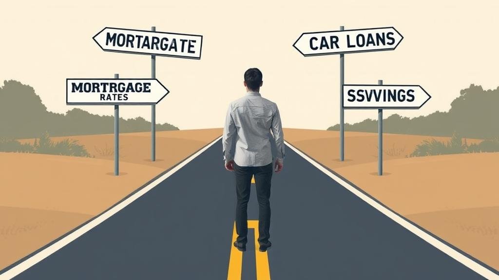 A person at a crossroads with signs pointing to Mortgage Rates, Car Loans, Savings Accounts, and Job Market, representing the financial decisions individuals face.
