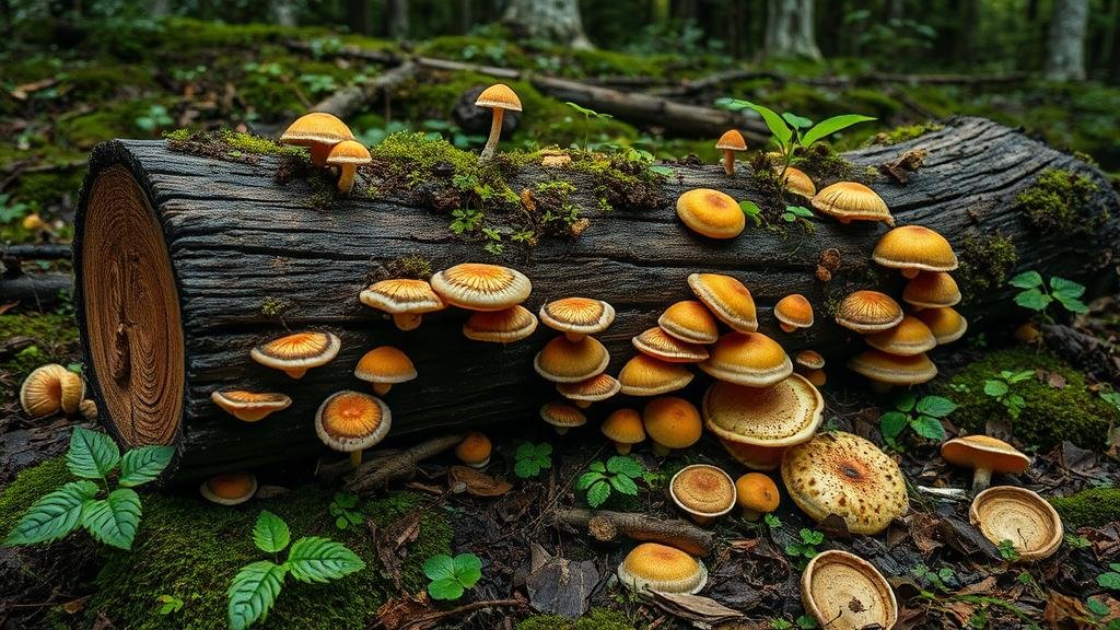 A hyper-realistic image of a fallen log on a lush forest floor being decomposed by fungi, showing the cycle of life.