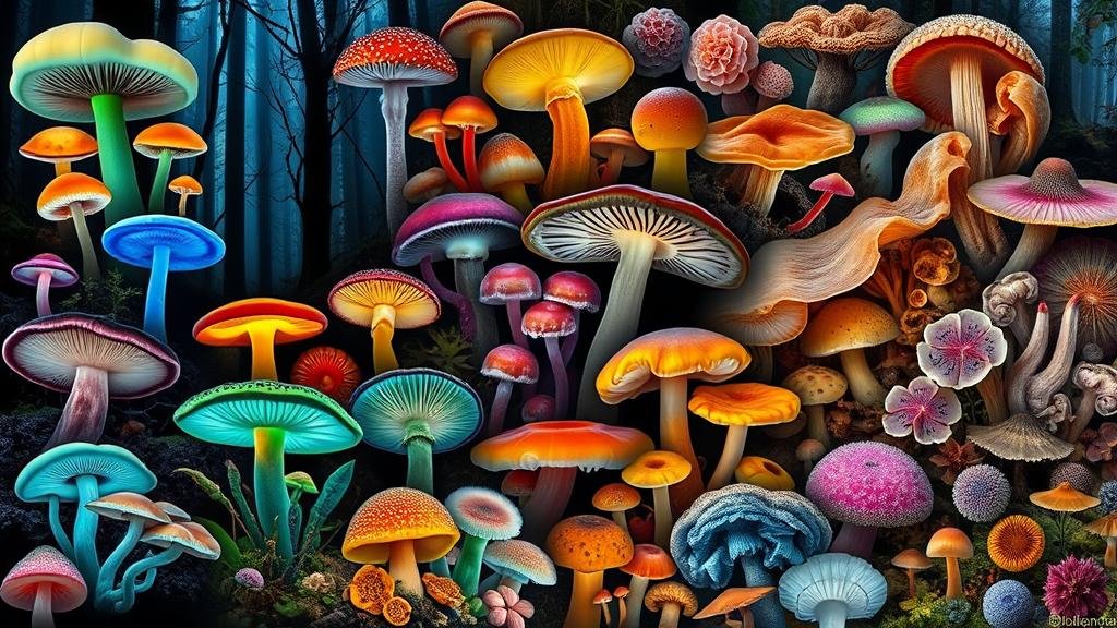 A visually stunning and vibrant montage showcasing the incredible diversity of the fungi kingdom.