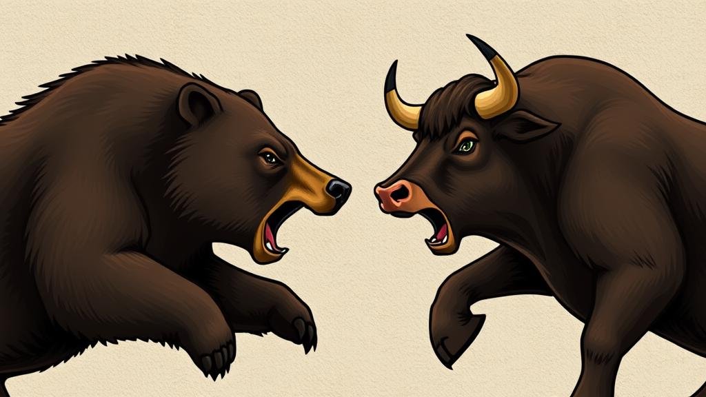A two-headed bear and bull, symbolizing the conflicting views within the Federal Reserve, pulling in opposite directions.