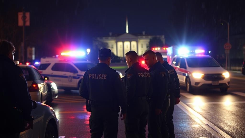 Crisis in Washington D.C. as paramedics attend to two injured National Guard members on a rain-slicked street with police lights flashing and the White House in the background.